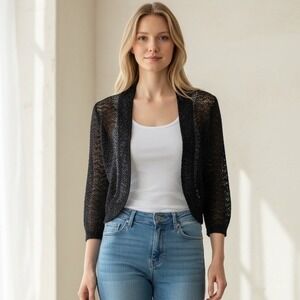 Tribal Womens Black Sequin Pointelle Knit Bolero Shrug Cardigan Medium Cropped